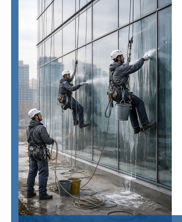 Промышленная мойка панорамных окон на высоте в Вичуге