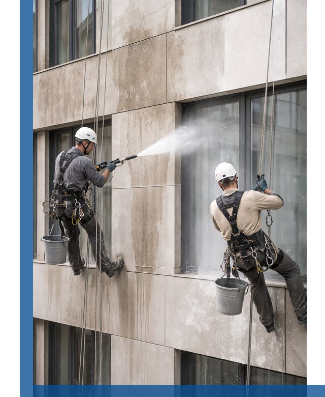 Послестроительная мойка фасада промышленным альпинизмом в Вичуге