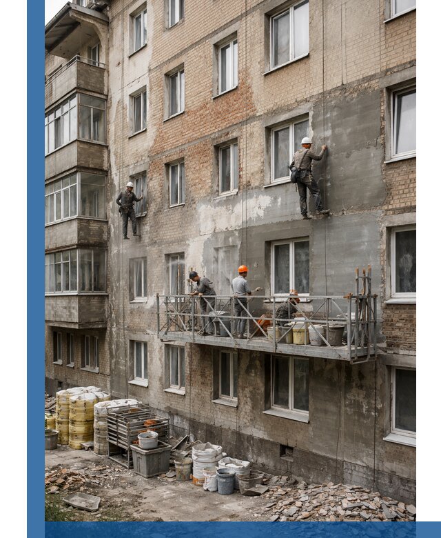 Капитальный ремонт фасада в Вичуге с восстановлением и гидроизоляцией