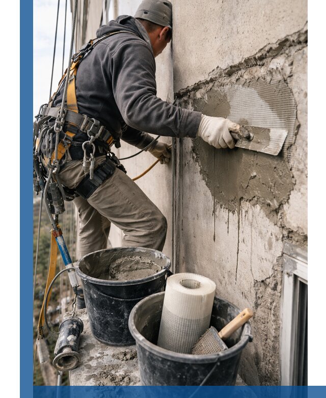 Ремонт бетонных элементов фасада промышленными альпинистами в Вичуге