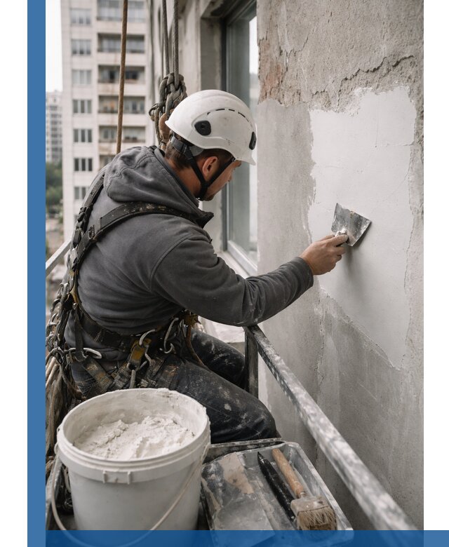 Шпаклевка фасадов на высоте с промальпинистами в Вичуге