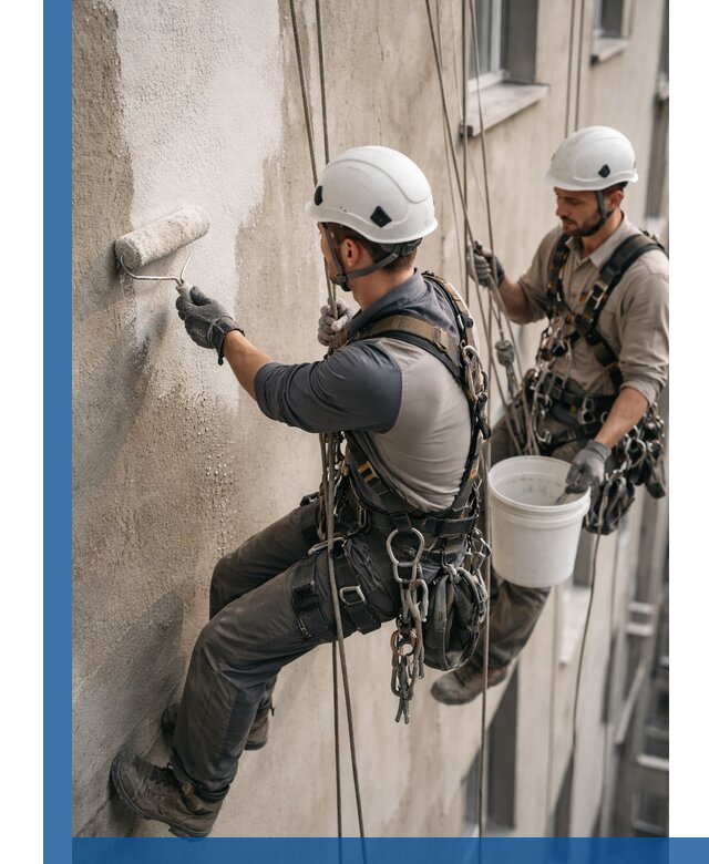 Грунтовка фасада на высоте в Вичуге промышленными альпинистами