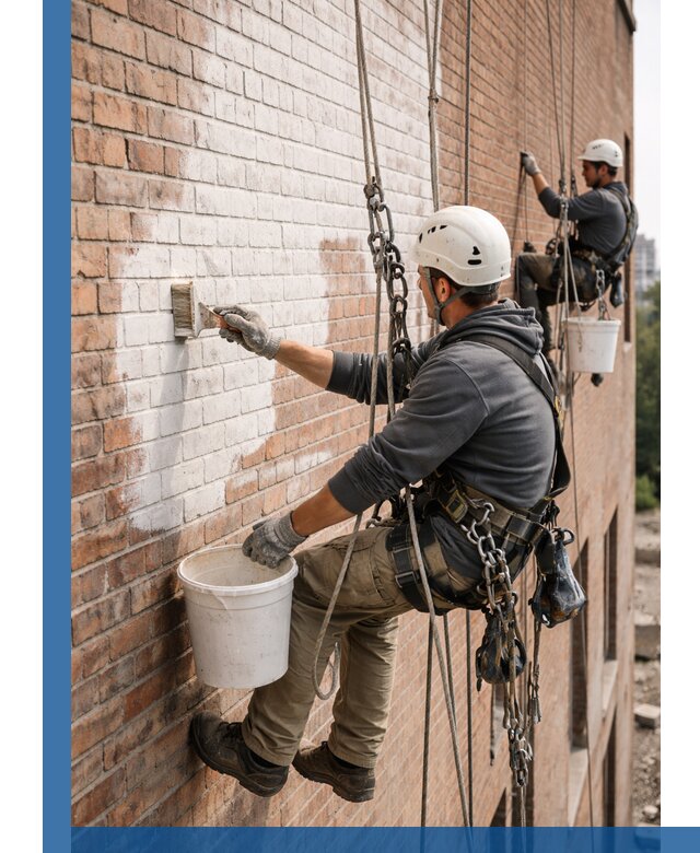 Покраска кирпичного фасада с доступным альпинистским сервисом в Вичуге
