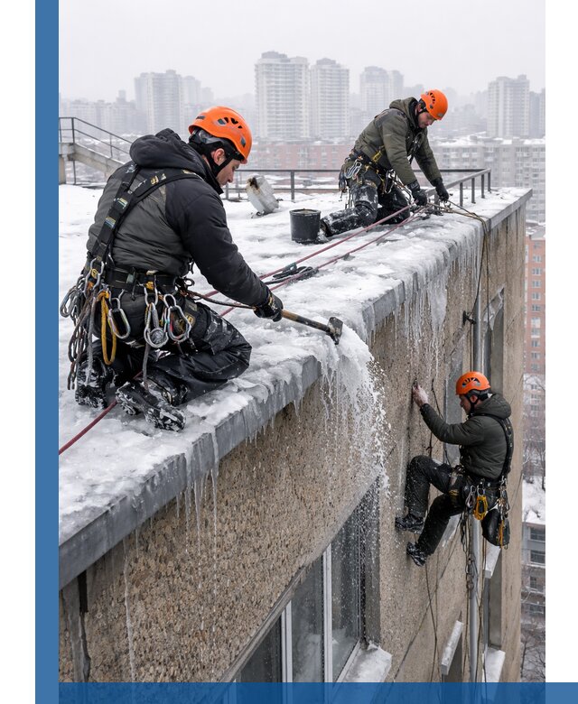 Удаление наледи с кровли в Вичуге промышленными альпинистами