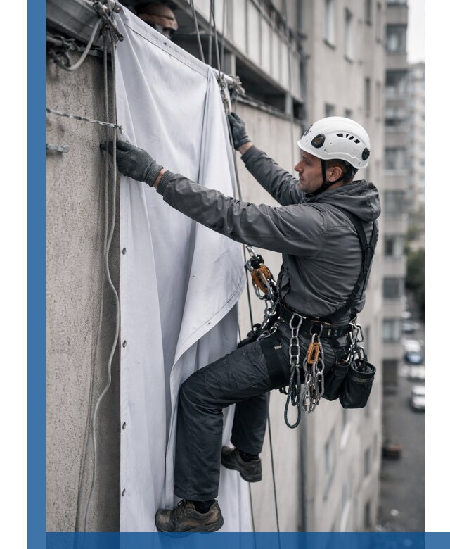 Замена баннерного полотна промышленными альпинистами в Вичуге