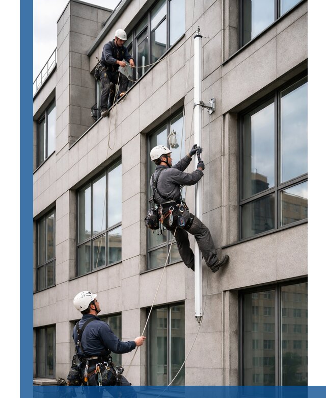 Монтаж флагштока на фасаде здания с креплением и герметикой в Вичуге