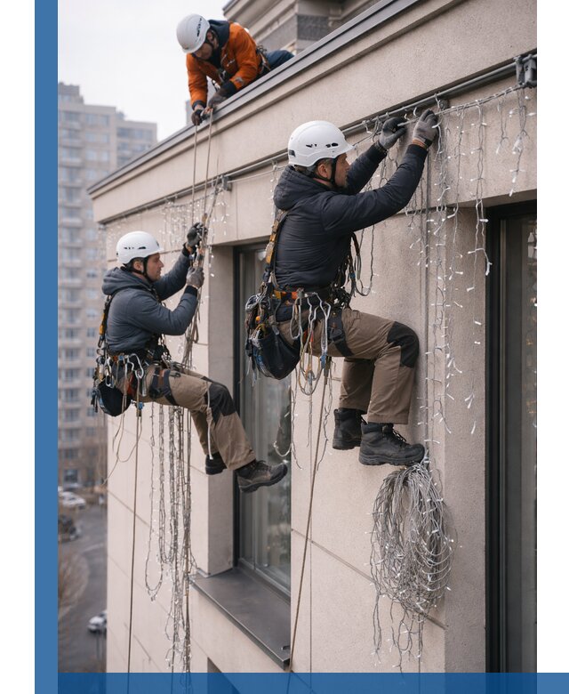 Монтаж праздничных гирлянд на фасаде в Вичуге для зданий