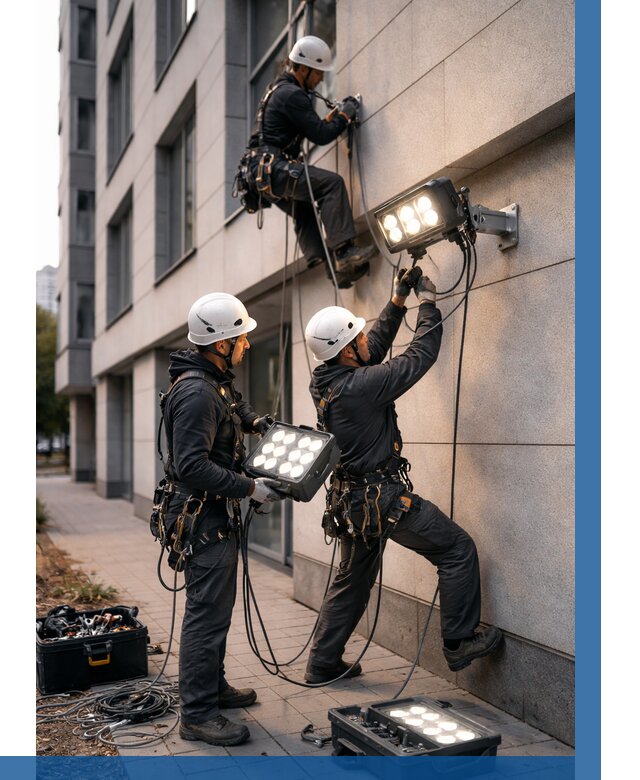 Монтаж прожекторов на фасаде в Вичуге от 7619 р. | ВЫСОТНИК-Вчг