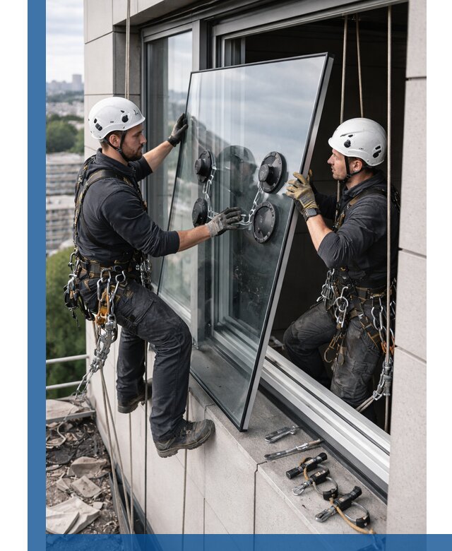 Замена стеклопакетов на высоте с промышленными альпинистами в Вичуге