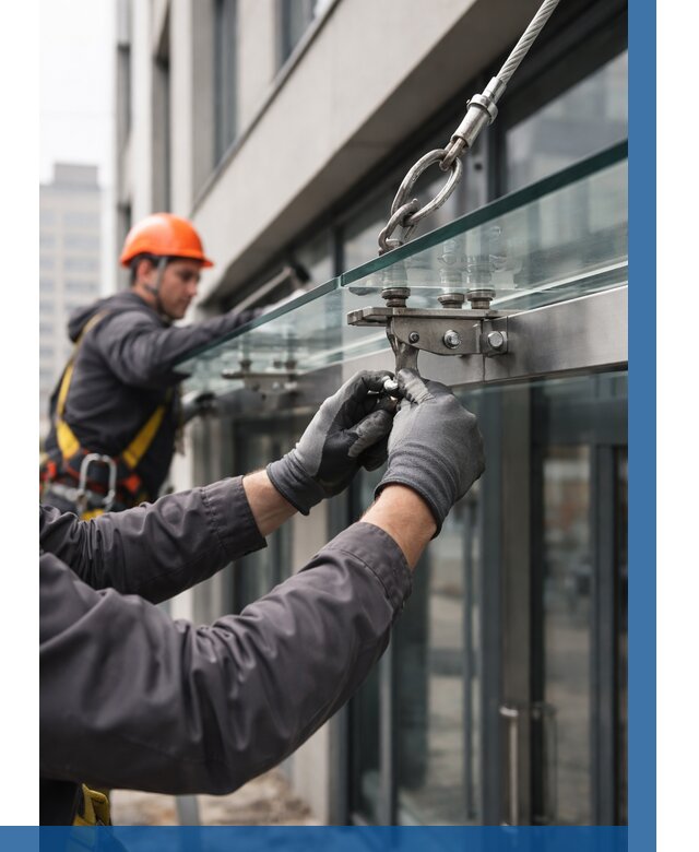 Монтаж стеклянных козырьков в Вичуге от 8635 р. | ВЫСОТНИК-Вчг