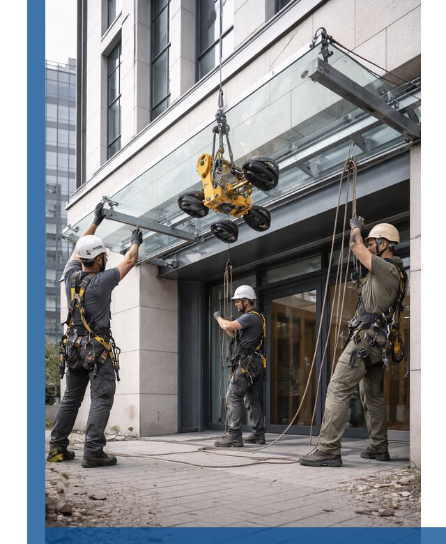 Монтаж стеклянных козырьков под ключ в Вичуге для зданий