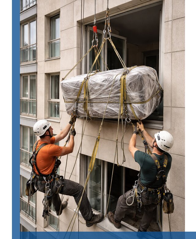 Подъем грузов через окно в Вичуге промышленными альпинистами