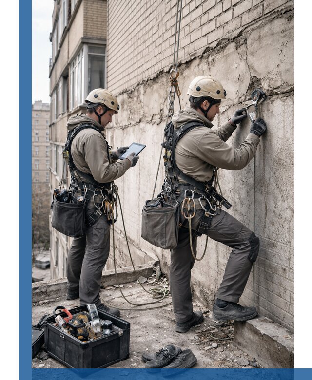 Обследование фасада промышленными альпинистами в Вичуге